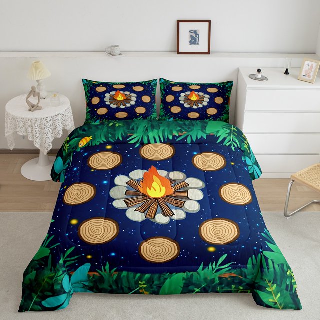 Erosebridal Nature Adventure Bedding Sets Queen with Comforter, Rustic Camper Duvet Insert, Cartoon Plant Decor, Reversible