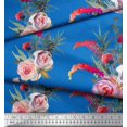 thumbnail image 2 of Soimoi Blue Cotton Jersey Fabric Leaves & Ranunculus Floral Printed Fabric 1 Yard 58 Inch Wide, 2 of 3
