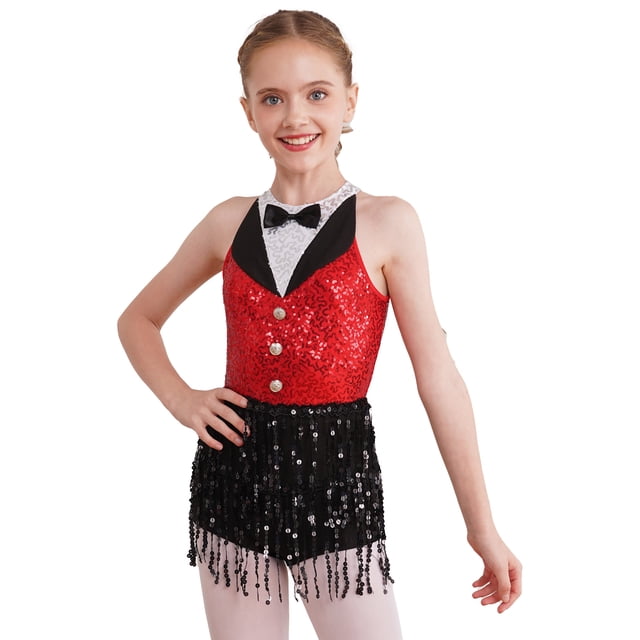 YONGHS Enfants Filles Paillettes Latin Jazz Robe de Danse à Franges Smoking Danse Moderne Justaucorps Combinaison Rouge 6