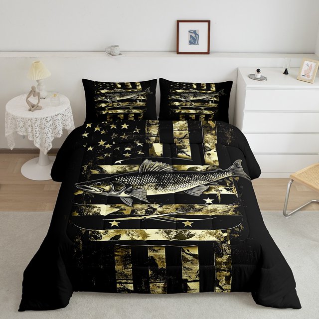 Erosebridal Ensembles de Literie de Chasse au Poisson Double avec Couette, Insert de Couette Camouflage Étoiles du Texas, Décor Rustique de Ferme, Réversible
