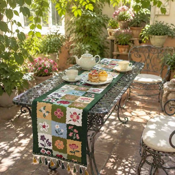 Floral Patchwork Table Runner 35x120cm Vintage Jacquard Linen Texture Dining Table Decor with Multicolor Tassels for Sideboard Console Kitchen Home Accent - Red Green Boho Farmhouse Tablecloth