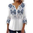 thumbnail image 3 of Pompotops Women's Casual Trumpet 3/4 Sleeve Printed Buttoned Basic Ruched Tops Pleated Blouses Clearance, 3 of 6