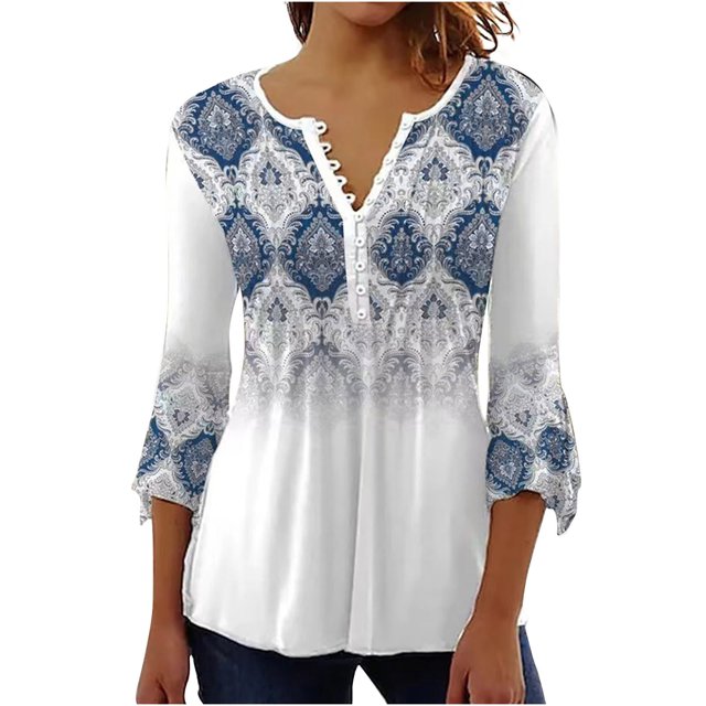 XZNGL 3/4 Sleeve Tops for Women Womens Casual Trumpet 3/4 Sleeve Printed Buttoned Basic Ruched Tops Pleated Blouses Women Blouses and Tops Fashion Womens Tops 3/4 Sleeve