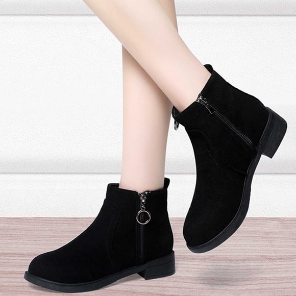 LSLJS Women's Flats Ankle Boots, Women's Large-size Suede Metal Round Buckle Side Zipper Flat Frosted Ankle Boots