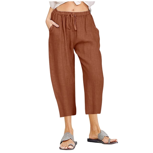Timegard Capri Shorts for Women Cotton Linen Elastic Waisted Drawstring Lounge 3/4 Shorts with Pockets