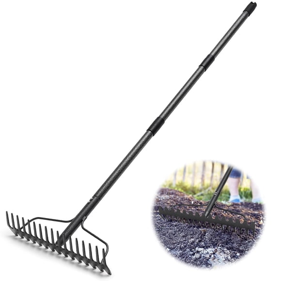 Garden Rake, 6FT Bow Rake Heavy Duty Leveling Rake with Adjustable Handle, 17 Tines Wide Head Metal Thatch Rake for Gardening Leav