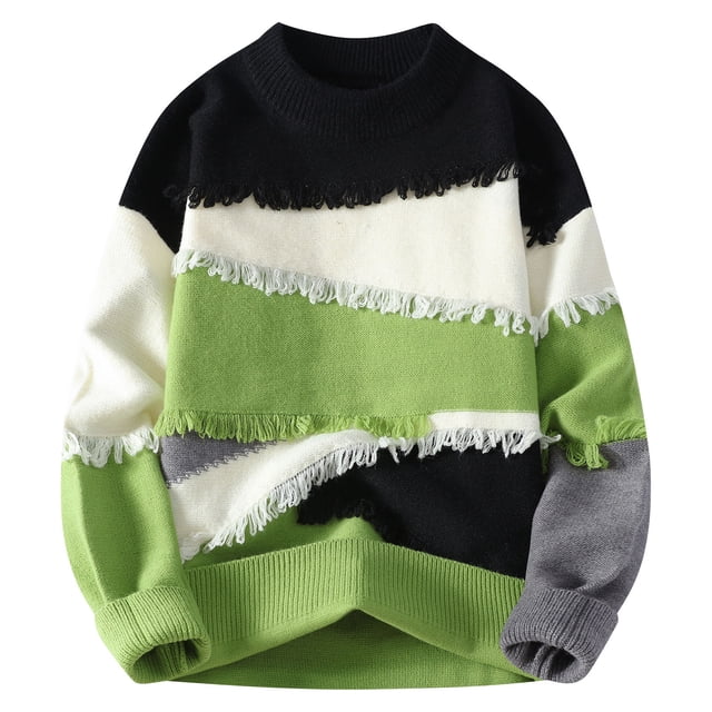 Pisexur Sweaters Men Soft and Comfortable Fall Sweaters Men Casual Printing Round Neck Solid Color Long Sleeve Striped Knit Sweater Green,L