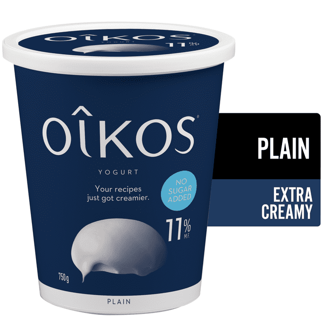 Oikos Extra Creamy Yogurt, Plain, 11% M.F., 750g tub with dark blue packaging and white lid, featuring no sugar added label and smooth texture, ideal for breakfast, baking, and snacks.