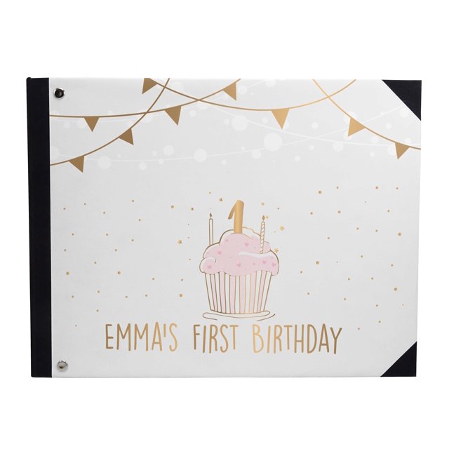 Darling Souvenir Grey Cake & String Banner Birthday PartyGuestbookHardbound Cover Personalized Printed MemoryGuestRegistry-9 x 12 Inches