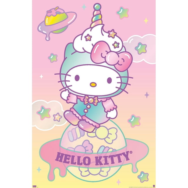 Hello Kitty and Friends : 24 Dreamland - Affiche Murale Hello Kitty, 22,375 Pouces x 34 Pouces, Représentant Hello Kitty en Tenue pastel Sarcelle et Rose avec une Corne de Licorne et un Nœud Rose, Assise sur un globe transparent Rempli de Bonbons avec une Bannière Goutte à Goutte Rose Qui Lit « Hello Kitty » sur un Fond Dégradé Rose à Jaune avec des Étoiles pastel et une Planète avec Glaçage Rose, Imprimée sur du Papier d'Affiche Lustré Idéale pour la Décoration Murale de Chambre Ou de Chambre d'Enfant
