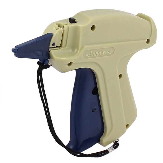 Yellow Green Blue Plastic Garment Price Labelling S Tagging Gun with lifting rope, featuring a compact body size of approximately 15 x 12.5 x 2.7 cm. This practical label maker is ideal for attaching barcode and price tags to clothing using plastic barbs. Includes a protective needle cover for safety when not in use.