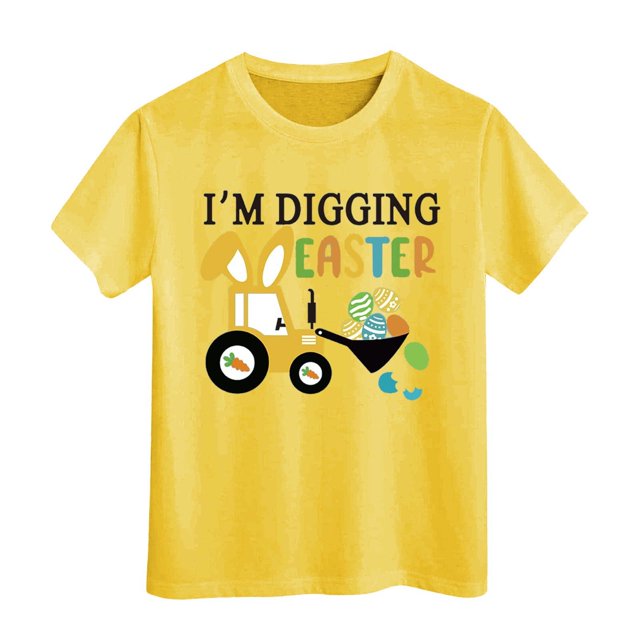 PMVFHDE T-Shirt Graphique à Manches Courtes Imprimé Lapin de Pâques pour Enfants, Col Rond, Décontracté, Printemps Été, Jaune, 3-4 Ans