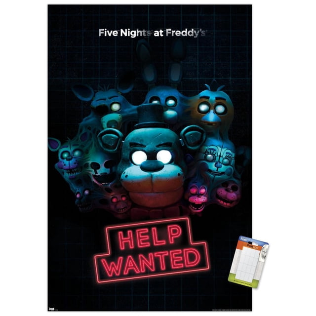 Five Nights at Freddy's - Help Wanted Wall Poster featuring glowing animatronic characters from the game on a dark grid background with a neon red 'HELP WANTED' sign, suitable for gaming or entertainment room wall decor.