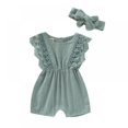 thumbnail image 1 of Baby Lace Little Flying Sleeve One-Piece Romper + Headscarf Female Baby Linen Back Button Lace Edge Romper  Two-Piece Set, 1 of 13