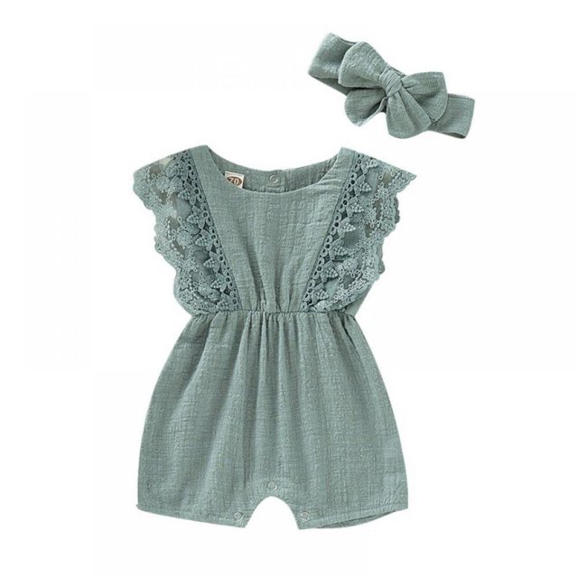 Baby Lace Little Flying Sleeve One-Piece Romper + Headscarf Female Baby Linen Back Button Lace Edge Romper Two-Piece Set