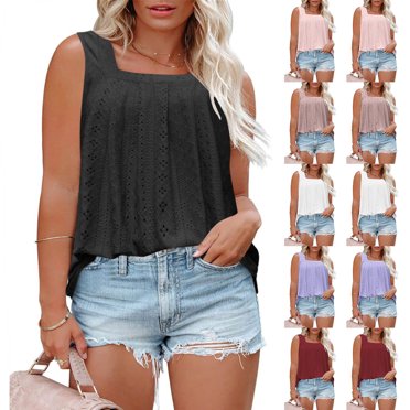 breaise Débardeurs d'Été pour Femmes Grande Taille Tendance à Encolure Carrée, Camisole Plissée, T-Shirts Sans Manches, Tuniques Boutonnées, Tee Blanc, TTTTG