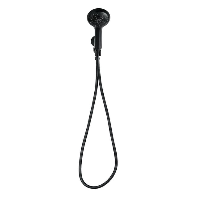 The akuaplus® - Trousse de 5 Réglages pour Douchette à Main avec Support de Douchette à Main en Noir Mat, Comprenant une Pomme de Douche Ronde avec Cinq Réglages de Jet, un Tuyau en Acier Inoxydable flexible de 59 Po à double Emboîtement avec Raccords en Laiton, et un Support Mural, Conçu pour l'Élimination Facile des Dépôts de Chaux et la Rénovation de Salle de Bain.