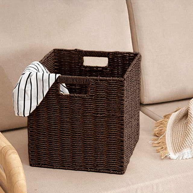 Czzoypi Woven Storage Basket, Foldable Rattan Storage Box for Home Organization, Multipurpose Clothes Toys Snacks Storage Basket for Wardrobe Living Room, Black