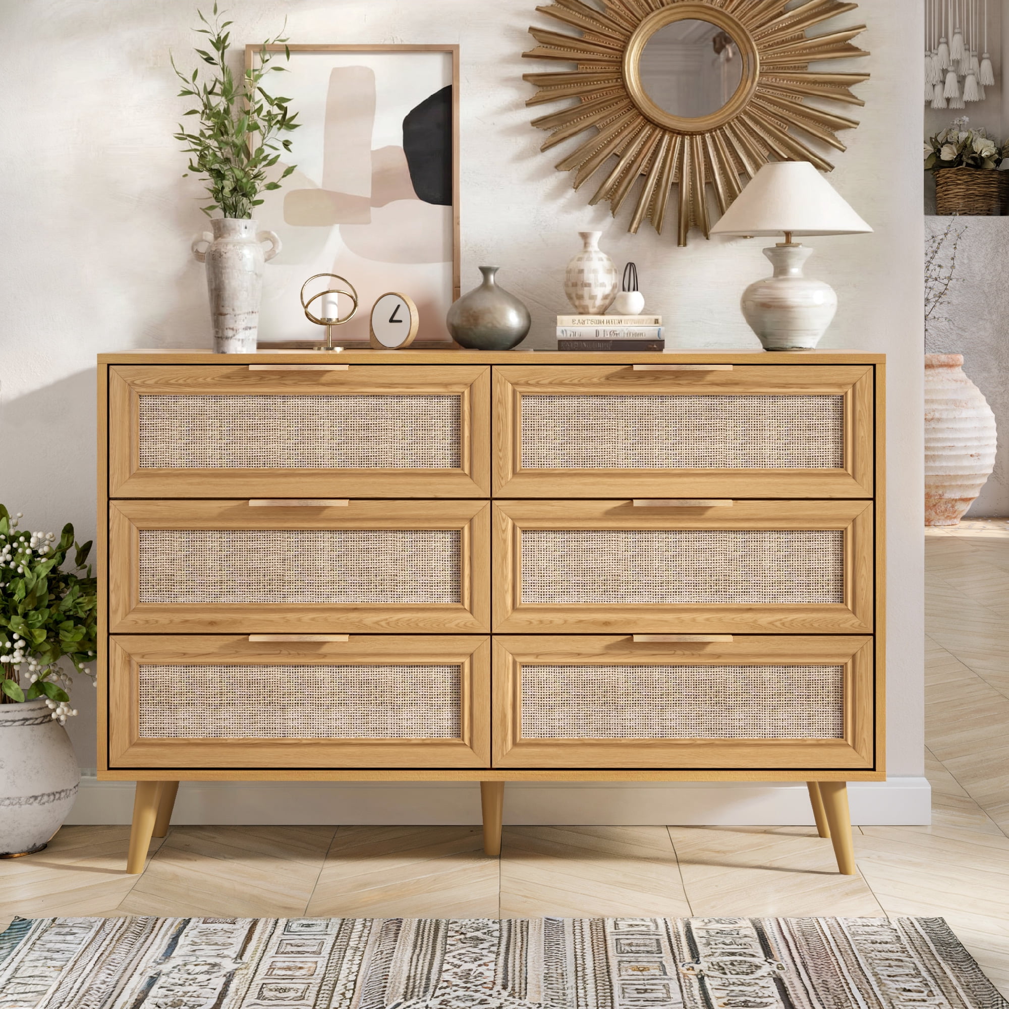 Commode en Rotin pour Chambre, Commode Double à 6 Tiroirs de 47,2 Pouces de Large, Grandes Commodes en Bois avec Poignées, Buffet Bahut en Rotin