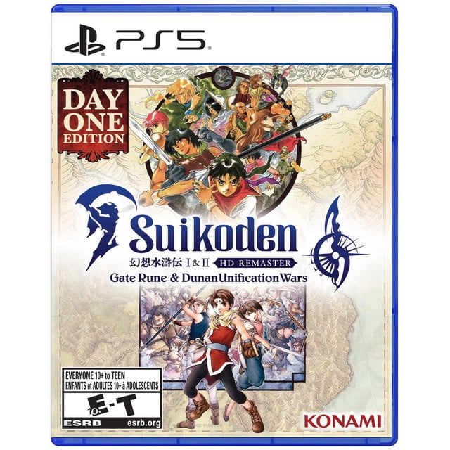 Suikoden I & II Remaster PlayStation 5 game cover featuring HD remastered artwork of fantasy characters in action poses with swords and magic, set against a detailed map background, including Day One Edition badge and ESRB rating Everyone 10+ to Teen.