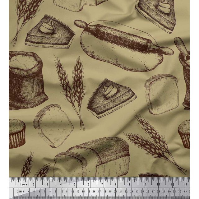 Soimoi Tissu Satin Modal Rouleau, Imprimé Pain de Blé et Sandwich 1 Yard 42 Pouces de Large