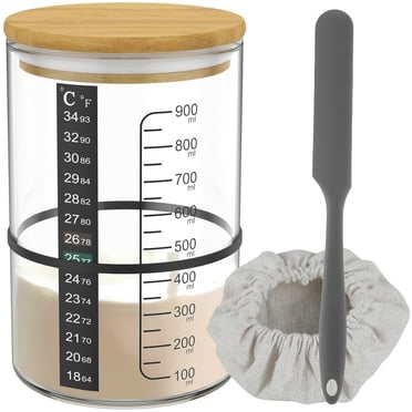 DEBGFS 7Pcs Glass Sourdough Starter Jar Kit Sourdough Starter Container with Wooden Lid Cloth Cover for Fermentation Storage