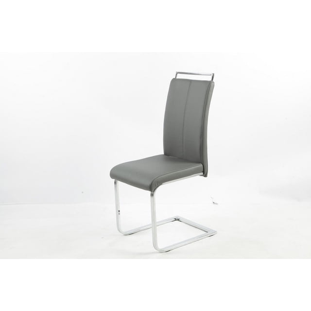 Aerys Chaise de Salle à Manger Max en Cuir PU Gris avec Cadre Métallique Chromé Déporté, Siège Carré Rembourré et Dossier Légèrement Courbé avec Surpiqûres Verticales, Montrée sur le devant avec Fond Blanc, Convient aux Sièges de Cuisine Ou de Salle à Manger.