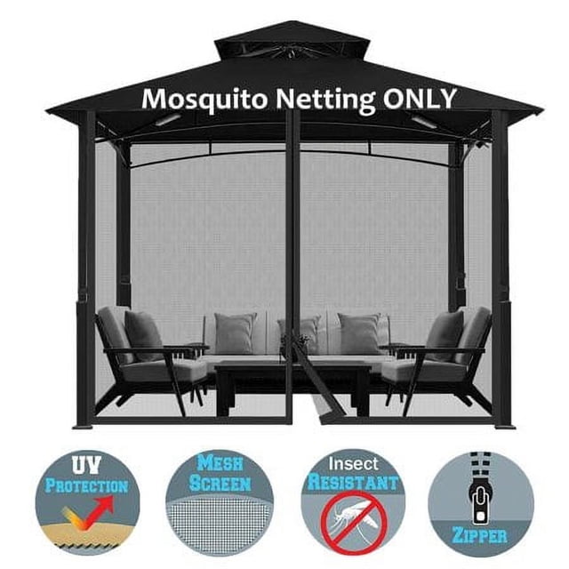 FNNMNNR Gazebo Universal Replacement Mosquito Netting for 10'x10' gazebos, featuring four-panel polyester mesh screen walls with double zippers for convenient access. Provides insect protection and ventilation, ideal for outdoor events, patios, and camping. Includes hooks and tie ropes for secure installation.