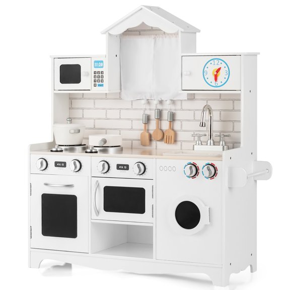 Gymax Cuisine de Jeu pour Enfants en Bois, Ensemble de Cuisine de Jeu d'Imitation, Batterie de Cuisine, Cadeau pour Tout-Petit