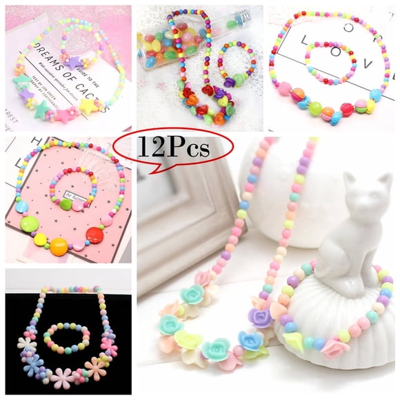 DEBGFS 12 Pcs Toddler Costume Jewelry Princess Necklace Bracelet Set Girls Play Jewelry Kit Necklace Bracelet for Kids Play Dress Up for 3 4 5 6 7 8 9 10 Year Old Girls/Toddlers/Kids