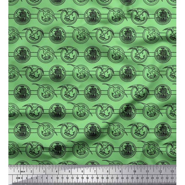 Soimoi Polyester Crepe Fabric Bird,Fish & Ship Ocean Print Fabric by The Yard 42 Inch Wide
