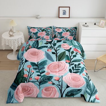 YST Pink Floral Down Comforter Twin Size 2Pcs,Spring Nature Rustic Garden Comforter Set,Green Leaf Retro Flower Down Comforter,Mountain Tropical Botanical Quilt Set,Lightweight