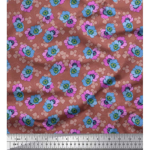 Soimoi Brown polyester Crepe Fabric Buttercup Floral Print Sewing Fabric Yard 42 Inch Wide