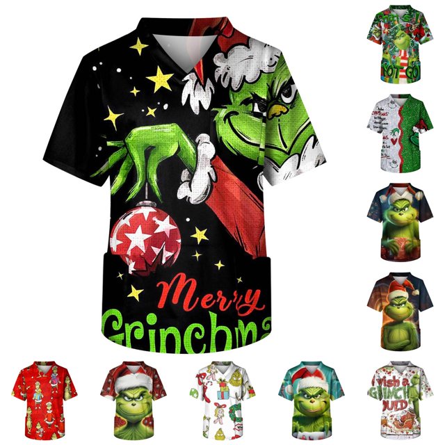 LINMOUA The Grinch Men's Short Sleeve V Neck Print Chest Pocket Carer Top