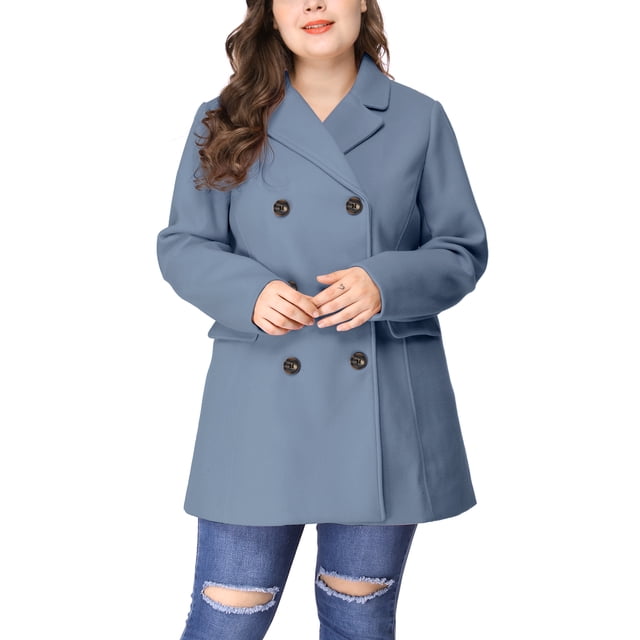 GRACE & GRANDEUR Women's Plus Peacoat Notched Lapel Double Breasted Mid Length Overcoat