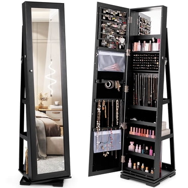 Costway 360° Rotatable Jewelry Cabinet Armoire 2-in-1 Lockable Mirrored Black