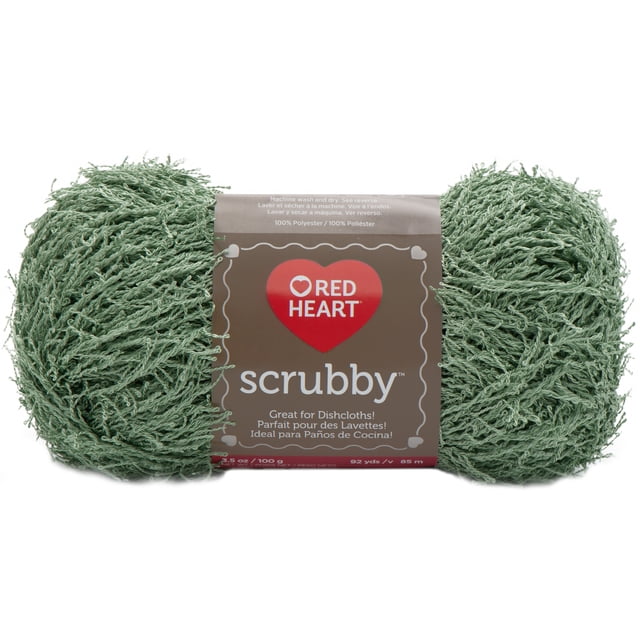 Red Heart® Scrubby™ Yarn in green polyester #4 medium weight, 3.5oz/100g, 92 yards, with textured loops designed for knit or crochet dishcloths and exfoliating washcloths that dry quickly, shown in a close-up front view with label.