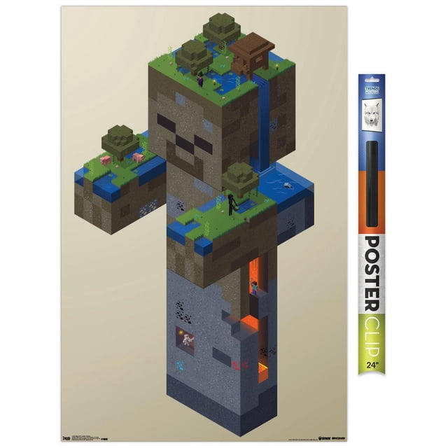 Minecraft - Affiche Murale de Marais Zombie, 14,725 Po x 22,375 Po Encadrée, Représentant une Figurine de Zombie Blocée Faite de Terre et de Pierre avec des Détails d'Herbe, d'Arbres, d'Eau et de Lave, Mettant en Vedette des Personnages et des Animaux Minecraft dans un biome de Marais, Convient comme art Mural pour la Déco de Chambre.