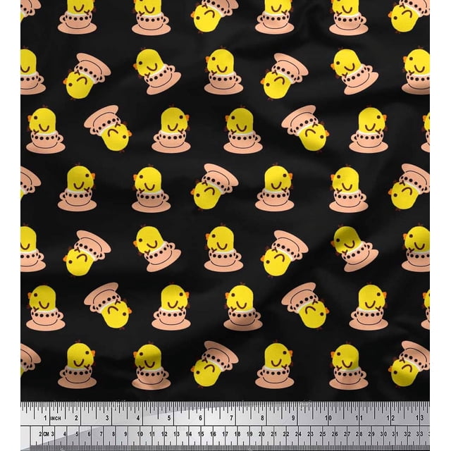 Soimoi polyester Crepe Fabric Cup,Plate & Chick Cartoon Print Fabric by the Yard 42 Inch Wide
