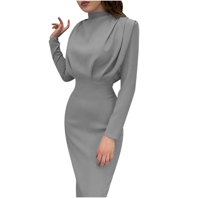 Robes d'Automne pour Femmes 2022 Col Montant Uni Manches Longues Longue Robe Ajustée Élégante Robe Formelle pour Travail Décontracté