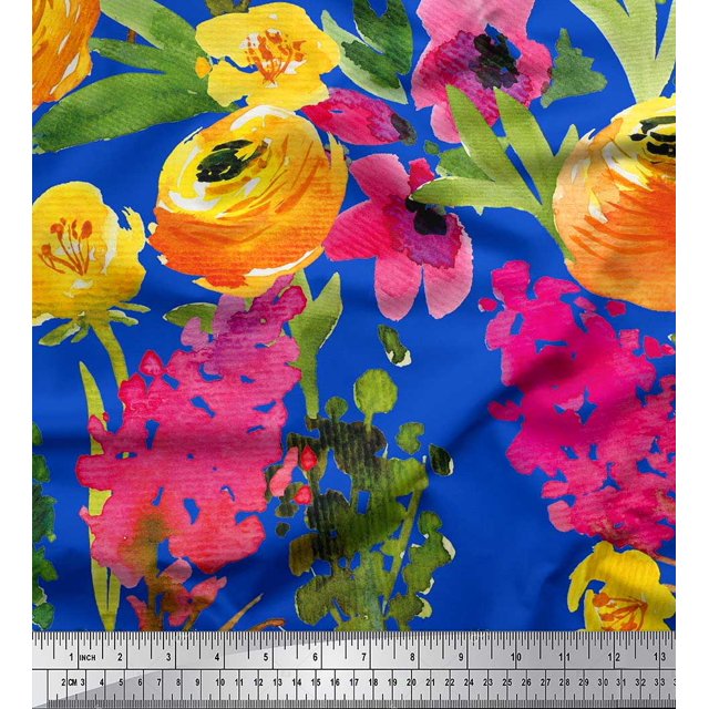 Soimoi Tissu Cambric en Coton Bleu Tissu Imprimé Feuilles et Fleurs 1 Yard 56 Pouces de Large
