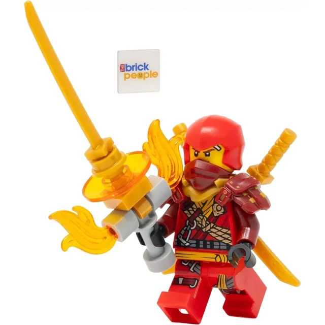 LEGO Ninjago Dragons Rising Season 2: Kai Climber Minifigure with Swords. This 2-inch tall figure features Kai in red ninja armor with intricate detailing, holding a flaming sword and equipped with a second sword on his back. Compatible with standard LEGO sets.