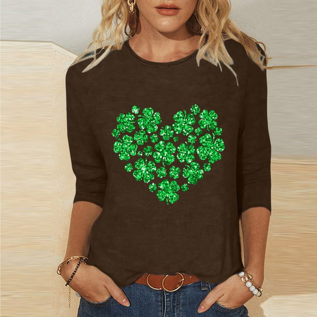 T-Shirt Ample à Manches Trois-Quarts et Col Rond Imprimé pour la Saint-Patrick pour Femmes