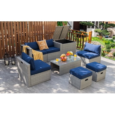 Patiojoy Ensemble de Mobilier de Patio en Rotin PE Toutes Saisons 8 Pcs, Ensemble de Canapé Sectionnel d'Extérieur Gain de Place avec Coffre de Rangement, Bleu Marine