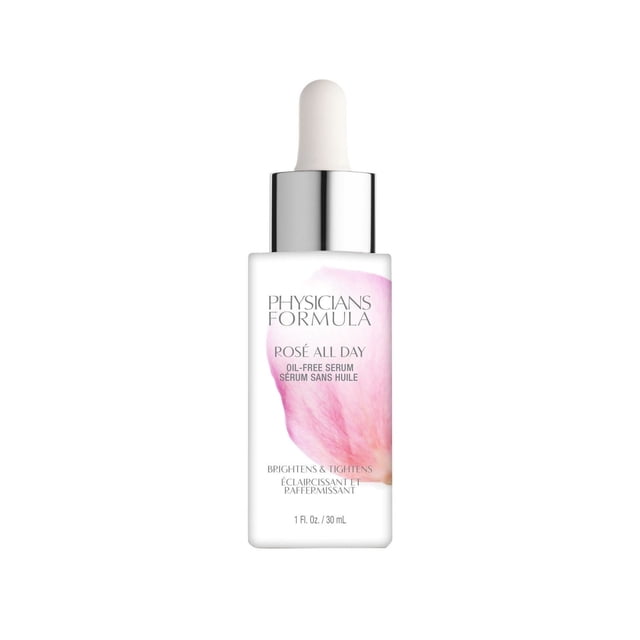 Physicians Formula Rosé All Day Oil-Free Serum in a white rectangular bottle with silver dropper cap and pink rose petal design, 30 ml. This facial serum brightens, tightens, and hydrates skin with antioxidant-rich ingredients.