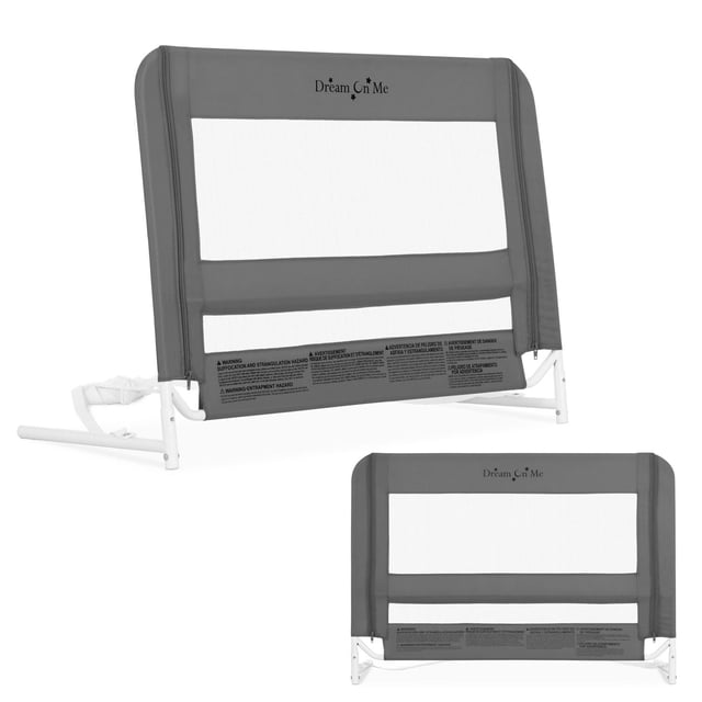 Dream On Me Lit de Sécurité en Maille Rail en Gris avec Panneau en Maille Respirante et Cadre en Tissu Renforcé, Supporté par une Barre Stabilisatrice en Métal Blanc et un Système d'Ancrage, Conçu pour une installation Sécurisée sur Lits Simple pour Tout-Petits avec des Hauteurs de Matelas jusqu'à 5 Pouces pour Assurer la Sécurité des Enfants pendant les transitions de Lit.