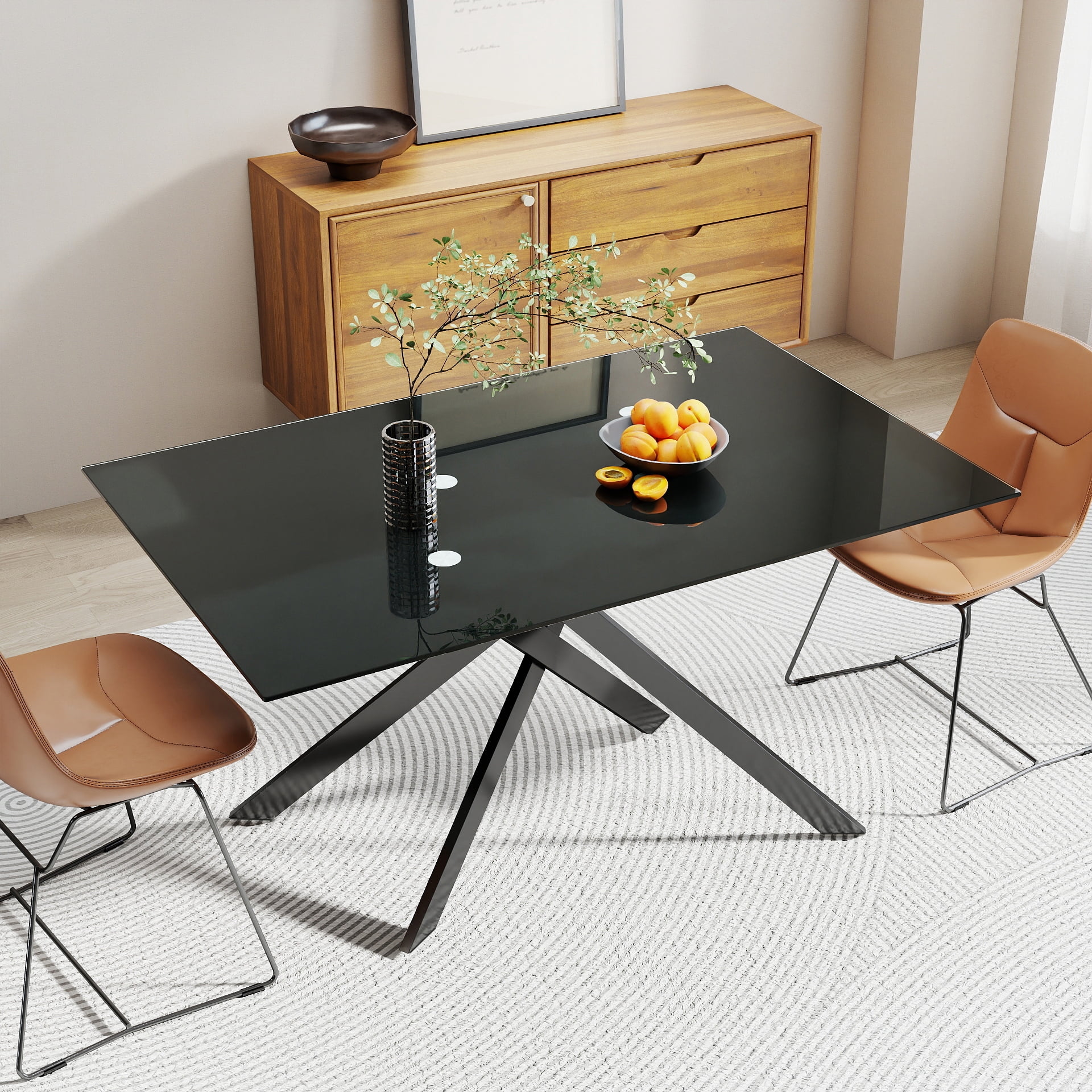Tuqiang Dining Table 51.18in Rectangular Clear Tempered Glass Stylish Design Black Metal Legs Dining Room