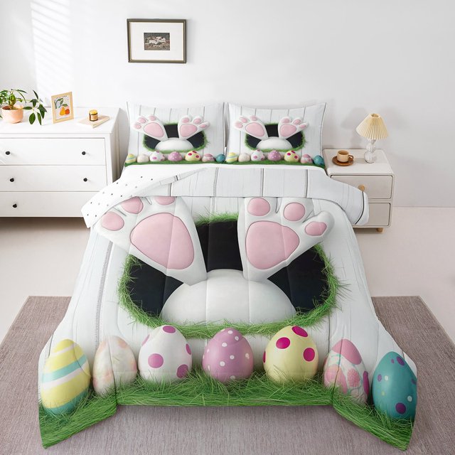 Erosebridal Easter Rabbit Comforter Sets Queen Size,Cute Eggs Bedding Queen Comforter Set,Kids Room Decorative,Reversible,Ultra Soft,3 Pieces