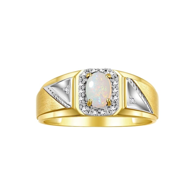 RYLOS Men's Rings Yellow Gold Plated Silver Classic 7X5MM Oval Gemstone & Diamond Ring Opal October Birthstone Rings For Men Size 9