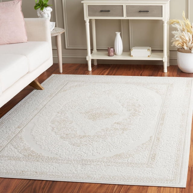 SAFAVIEH Hanna Lynna Traditional Area Rug with a subtle raised cut pile pattern in neutral tones, placed on hardwood flooring beside a cream sofa and white console table, suitable for enhancing texture in contemporary living rooms.